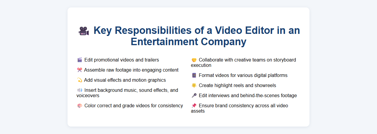 Key Responsibilities of a Video Editor in an Entertainment Company
